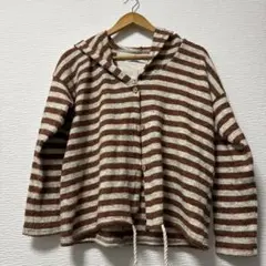 フード付き　茶色　白　ストライプ　ジャケット　フリーサイズ　カジュアル　上着