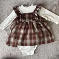 フリル付きブラウンチェックワンピース