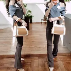 新品コーデセット売り❤　レイヤード　アメスリニット　フレア　パンツ　ブラウン　Mのサムネイル