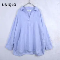 【ユニクロ UNIQLO】プレミアムリネンスキッパーストライプシャツ M ブルー