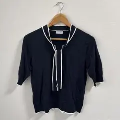 ネイビー リボン付き 半袖ニット M