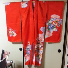 七五三　お正月　着物　振袖　日本製　朱色　花柄　牡丹（51）