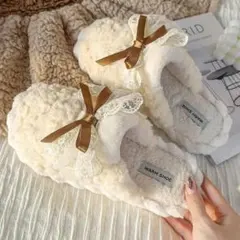 暖かいファー素材リボンスリッパ