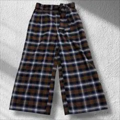 ◆ザショップティーケー　チェック　ワイドパンツ　リボンベルト　ウエストゴム　茶色