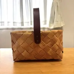 白樺のかご　レザーハンドル付きバスケット　横長