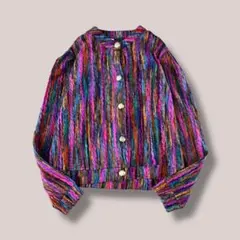 ヴィンテージ カーディガン 銀ボタン コットン素材 カラフル 古着 レトロ M