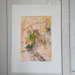 抽象画 絵の具とクレヨンのコラボレーション