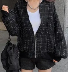 新品⭐︎チェック柄 ノーカラージャケット ブラック