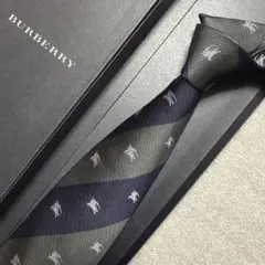 バーバリーロンドン　ネクタイ　紺グレー　ホース騎士　ストライプ