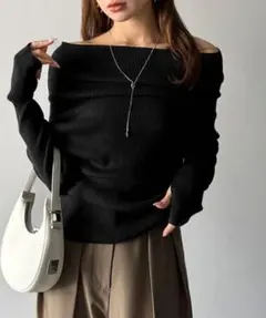 オフショルダー リブニット 長袖 指穴付き ブラックのサムネイル