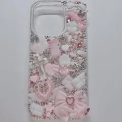 スマホケース iPhone 15proデコ電 ピンク埋めつくし