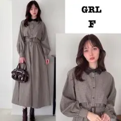 グレイル　ベルト付きレザー襟チェック柄ワンピース　シャツ　ロング　長袖　フリー