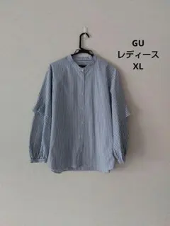 GU　ラッフルスリーブブラウス　ノーカラーシャツ　ストライプ　レディースXL