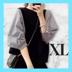 ブラウス レディース シャツ チェック柄 着痩せ 黒 ネイビー XL
