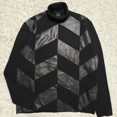 ✨希少/XL✨ヒューゴボス ニット 異素材ドッキング ラムレザー タートルネックのサムネイル