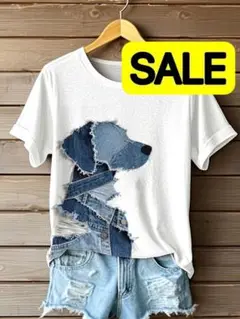 【夏物最終セール】犬デニム風プリントTシャツ M 残暑·秋コーデ 愛犬家さん必見