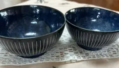 撥水十草 美濃焼　紺色ストライプ飯碗 2個セット 大、小