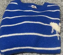 HOOK青ストライプ 羊刺繍 ニットセーター