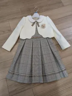 アイボリー・チェックドレス・カーディガン付き