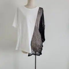 Y's 異素材ドッキング メッシュ 半袖Tシャツ ホワイト×ブラックのサムネイル