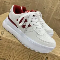 新品★レディース★24.0cm★厚底 軽量Fレザースニーカー 赤 3411