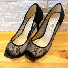 R&Eアールアンドイー レースオープントゥ美脚パンプス ピンヒール 黒 23