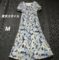 東京スタイル　花柄 半袖ロングワンピース　水彩風　抽象的　ブルー系　Ｖネック　М