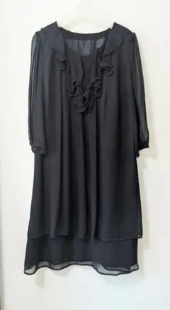 ブラックフォーマル シフォン ワンピース フリル 七分袖 冠婚葬祭