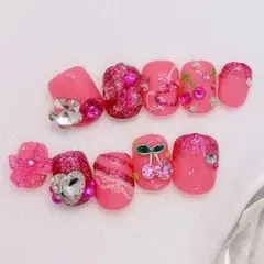 ハンドメイド★ネイルチップ★ベリーショート★キッズネイル★ピンク★さくらんぼ