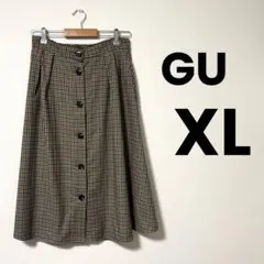 【GU】ガンクラブチェックフロントボタンスカート ブラウン ミモレ ロング XL
