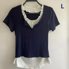 SHEIN ネイビー フリル付き レイヤード半袖Tシャツ　Lのサムネイル