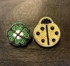 ビーズ刺繍ブローチ ゴールドてんとう虫と四葉クローバー♡セット
