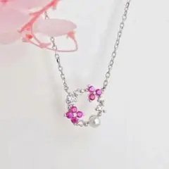 花の冠・ルビーカラークローバー・淡水パール シルバーs925 ネックレス