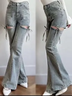 カットアウトリボンデニムパンツ
