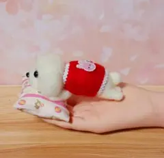 羊毛フェルト 白いマルチーズ ミニクッション付き 赤い服 うさぎのモチーフのサムネイル