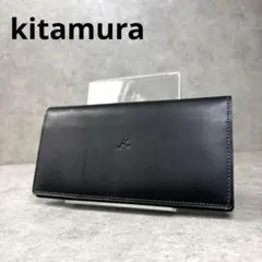 展示新品！kitamura キタムラ　ブラックレザー　グリーンステッチ　折り財布のサムネイル