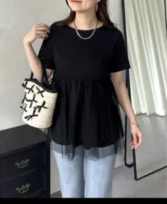 プロズヴェール tシャツ 半袖 裾チュールレイヤードペプラムTシャツ ブラックのサムネイル