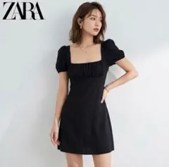 ZARA スクエアネック パフスリーブ ミニワンピース ブラック L