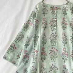 A44 ミントグリーン インド綿 ロングクルタ XL ハンドブロックプリント