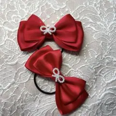 サテンリボンヘアゴム レッド 2個セット