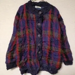 レトロ チェック ニットカーディガン 裏地付き ウール調 古着 L相当