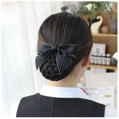 リボン バレッタ ネット シニヨン お団子ネット クリップ 髪飾り 黒 ブラック