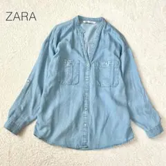 【ザラ】ソフトデニムシャツ 長袖 スキッパー 綿混 柔らかい カジュアル【M】
