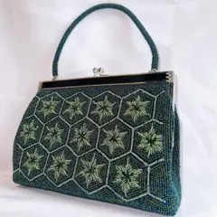 ビーズバッグ　和装　花柄　レトロ　手提げ　刺繍　グリーン　緑