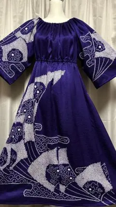 着物リメイク　Ａラインロングワンピース（正絹）リボンベルト付き