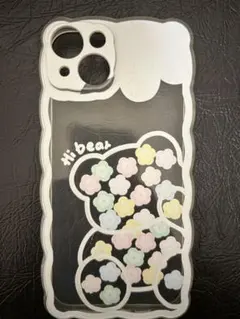 クリアケース、くまプリント、カラフル花模様 iPhone14用ソフトケース