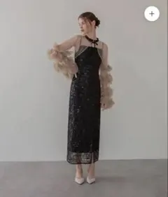 LEJA フリルチュールスリーブリボンIラインワンピースドレス S