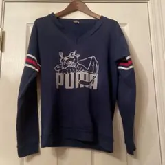 PUMA ネイビー Vネック 長袖Tシャツ　vintageスゥェット