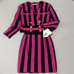 昭和レトロ　バブリースーツ　セットアップ　 ブラック♡ピンク　金ボタン　日本製