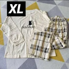 レディース パジャマ ルームウェア XL チェック 猫 長袖 薄手 上下セットのサムネイル